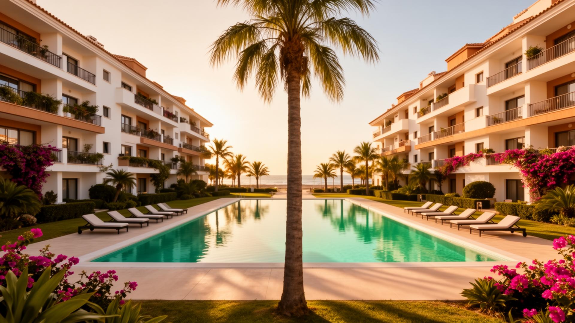 Communal pool and palm trees at the La Mata residence